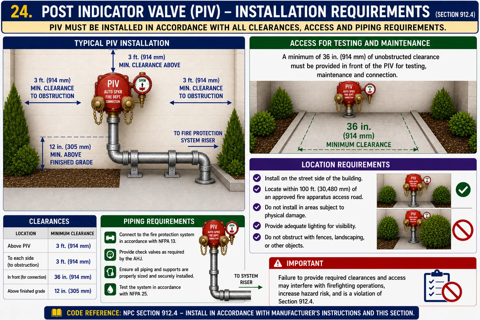 Post Indicator Valve (PIV) installation requirements — clearances, access for testing, location and visibility